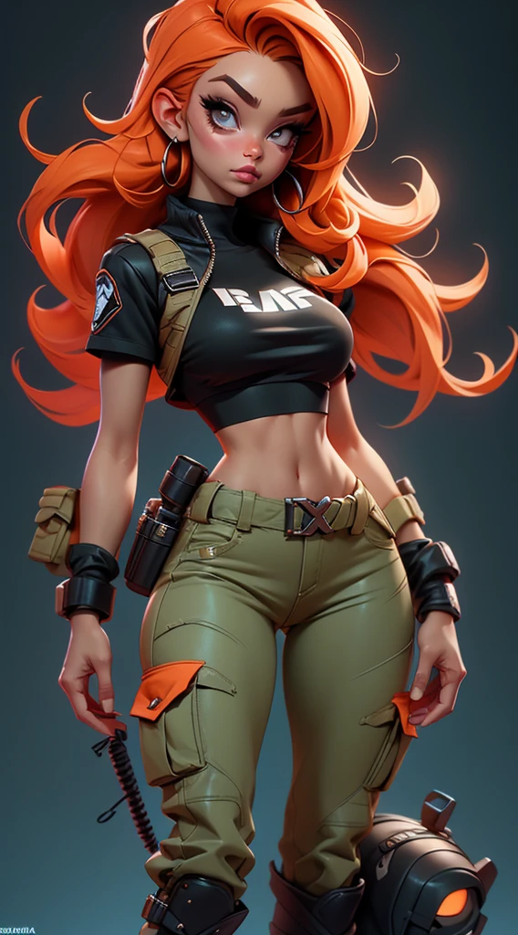 unreal engine:1.4,UHD,The best quality:1.4, photorealistic:1.4, skin texture:1.4, masterpiece:1.8,y photography ultra detallada, posing behind,big, pretty, neon light. carry a protein shake, ((beautiful and aesthetic)), sexy, large breasts, tight black shirt, thin waist, beautiful fine hands, Kim Possible, Orange Hair, Long Hair, Straight Hair, Tight crop top, exposed mid riff, cargo pants, exposed thong, whale tail