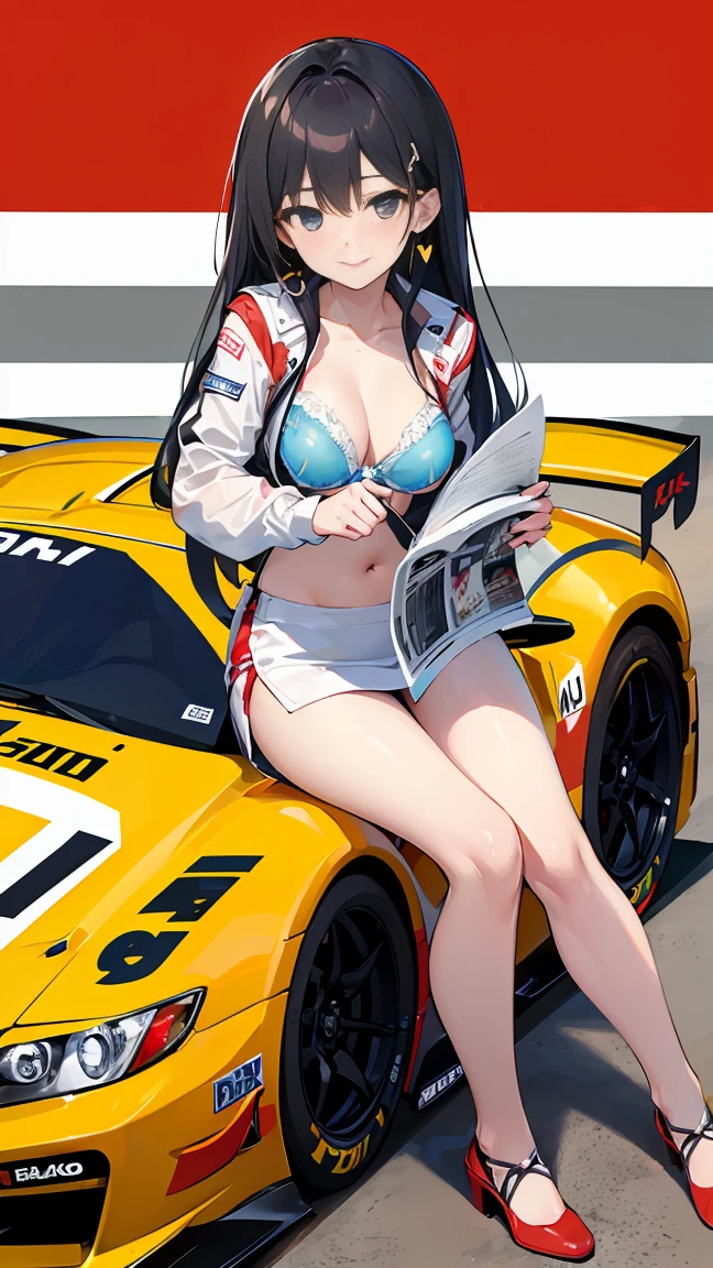 ((Highest quality)), ((masterpiece)), (detailed), Perfect Face, ((Highest quality, 8k, masterpiece: 1.3)), Sharp focus Beautiful woman with perfect body, Slim abdomen, Highly detailed face and skin texture, detailedな目, double eyelid, smile, Black Hair, Heart Earrings, Race Queen, FI turns around, background (Become a car), Race Queenコスチューム, プリーツスカート,(You're flipping through your bra to show me your nipple:1.5).