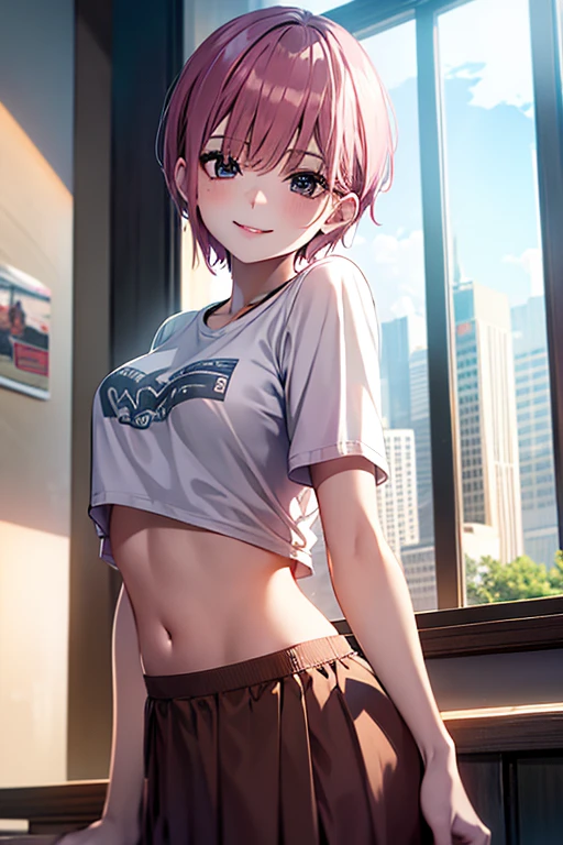 ((masterpiece)), ((best quality)), ((4K)), naughty girl, pink short hair, pull up shirts, pinch hemline of shirts, naughty smile, bare midriff