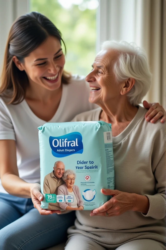 Create an advertisement featuring a woman caring for an elderly person, holding a package of adult diapers with the brand Olifral and a couple of elderly people on the cover. 
