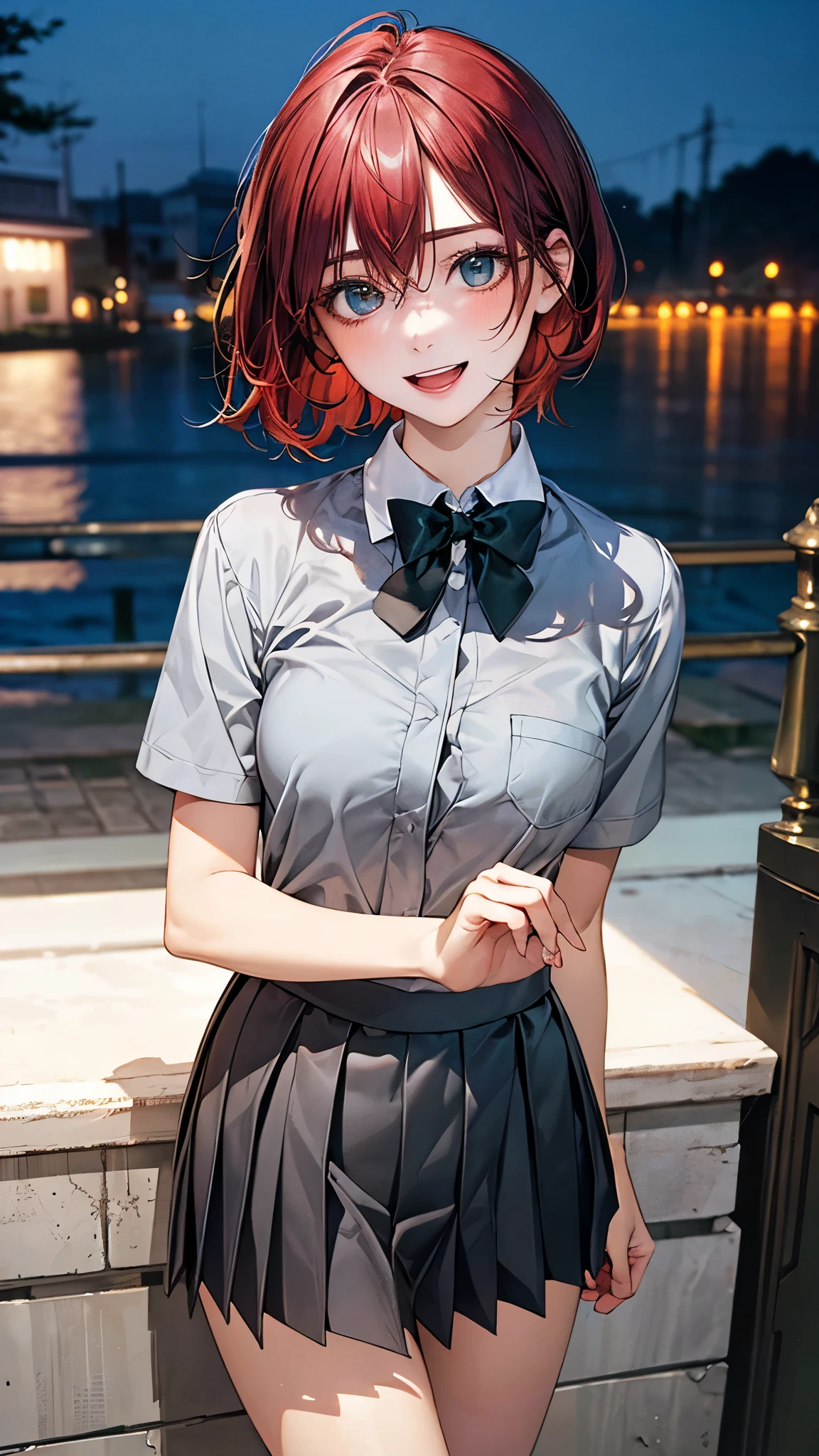 (masterpiece:1.2, highest quality), (realistic photo:1.4), beautiful illustrations, (natural side lighting, movie lighting), 
beautiful hair, beautiful face, detailed and beautiful eyes, beautiful clavicle, beautiful body, beautiful breasts, beautiful thighs, beautiful feet, beautiful fingers, 
looking at the viewer, 1 girl, high school girl, (perfect anatomy, anatomically correct, super detailed skin), cute symmetrical face, baby face, perfect face, perfect eyes, slender, 
(short hair, pixie cut hairstyle, red hair), hair between eyes, emerald green eyes, big eyes, slant eyes, long eye lasher, (medium breasts, seductive thighs), perfect body, shiny skin, 
(detailed cloth texture, break (short sleeve light grey collared shirt), break (dark grey pleated skirt, grey bow tie), break 
(beautiful scenery), night, (riverside:1.2), standing, (lovely smile, upper eyes, open mouth), 