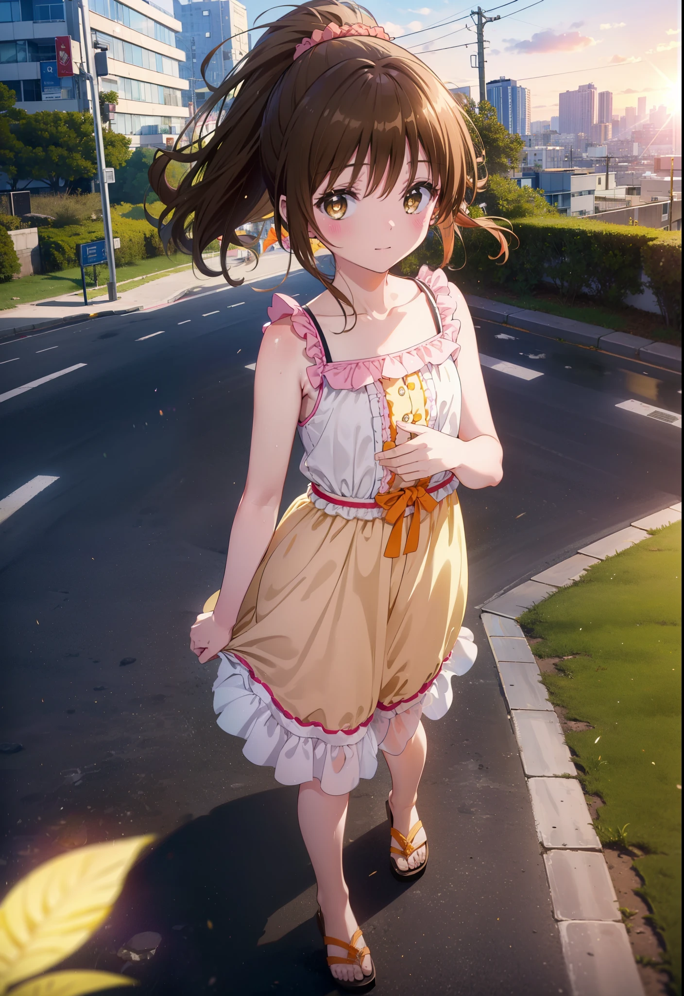 Yuki mandarin orange, (Brown eyes:1.5), Brown Hair, hair ornaments, hair Scrunchie, Long Hair, pink Scrunchie, Scrunchie,ponytail, (Flat Chest:1.2),smile,blush,Open your mouth,Sleeveless dress,Long skirt,Cute heeled sandals,Walking,morning陽,morning,The sun is rising,So that the whole body goes into the illustration,
Destroy outdoors, Coastal Road,
壊す looking at viewer,Destroy the whole body (masterpiece:1.2), Highest quality, High resolution, unity 8k wallpaper, (figure:0.8), (Beautiful attention to detail:1.6), Highly detailed face, Perfect lighting, Highly detailed CG, (Perfect hands, Perfect Anatomy),