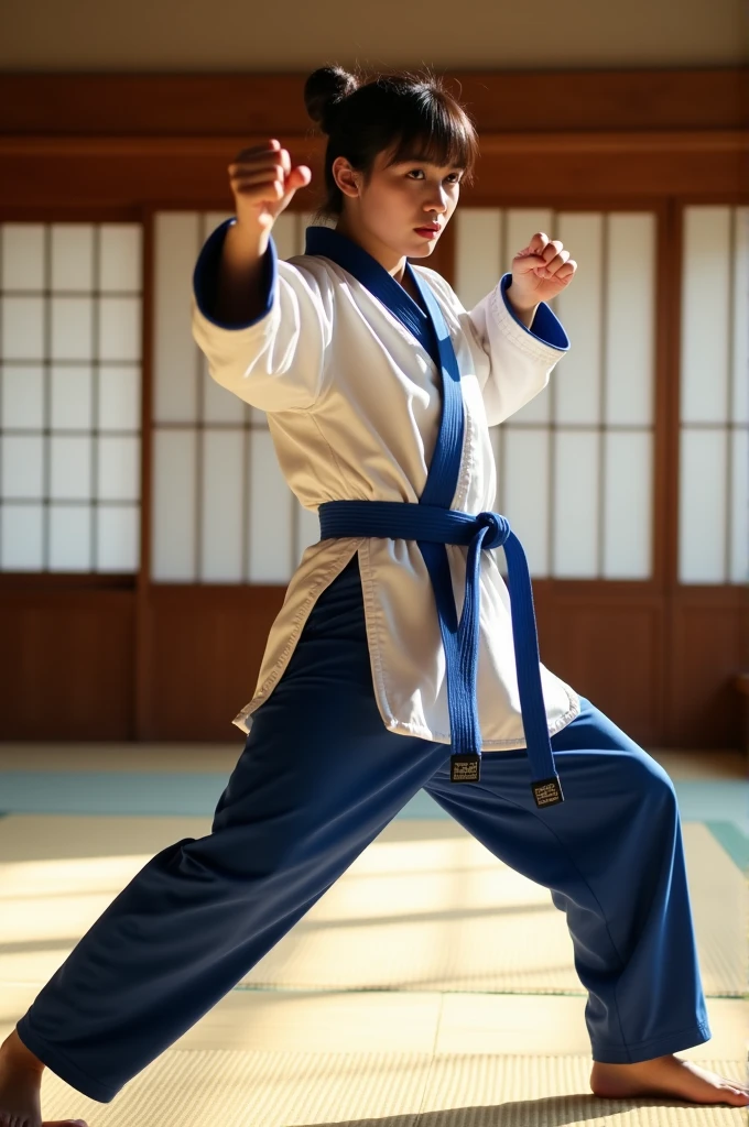 Create a photo of me doing a taekwondo pose 4, with a blue belt, a white jacket, and dark blue pants.