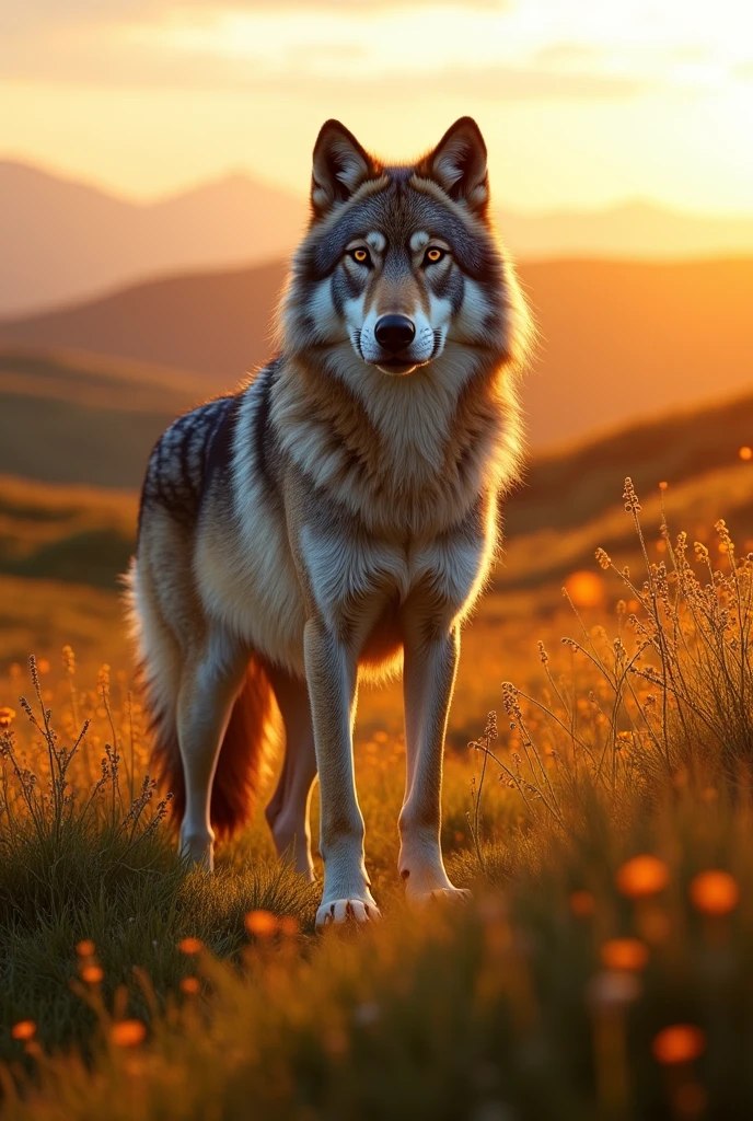 a wolf in a red open field