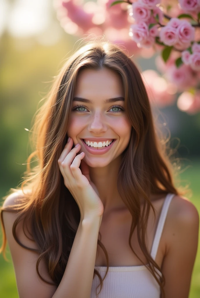 Jeune femme brune de 20 ans, yeus bleu, une grosse forme de poitrine en photo portrais qui ce tient le visage et souris