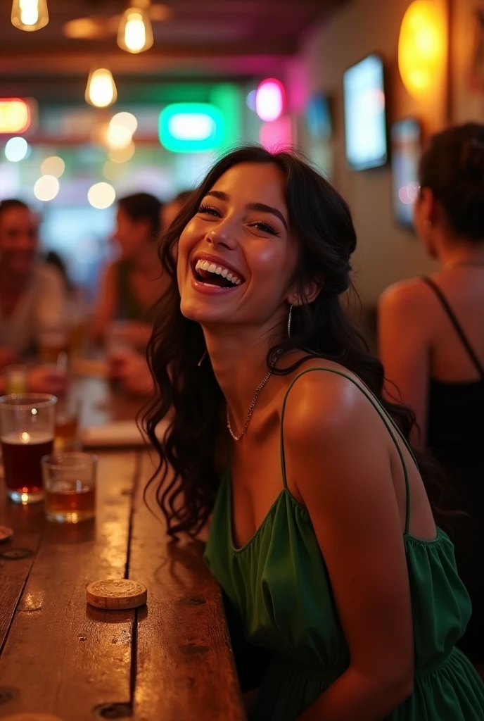 young woman, white-skinned, lightbrown eyes, with black wavy hair, wearing a green dress, semi tied hair, laughing with other female friends at a bar table. Open photo, grabbing all the other friends at the table and the tables around