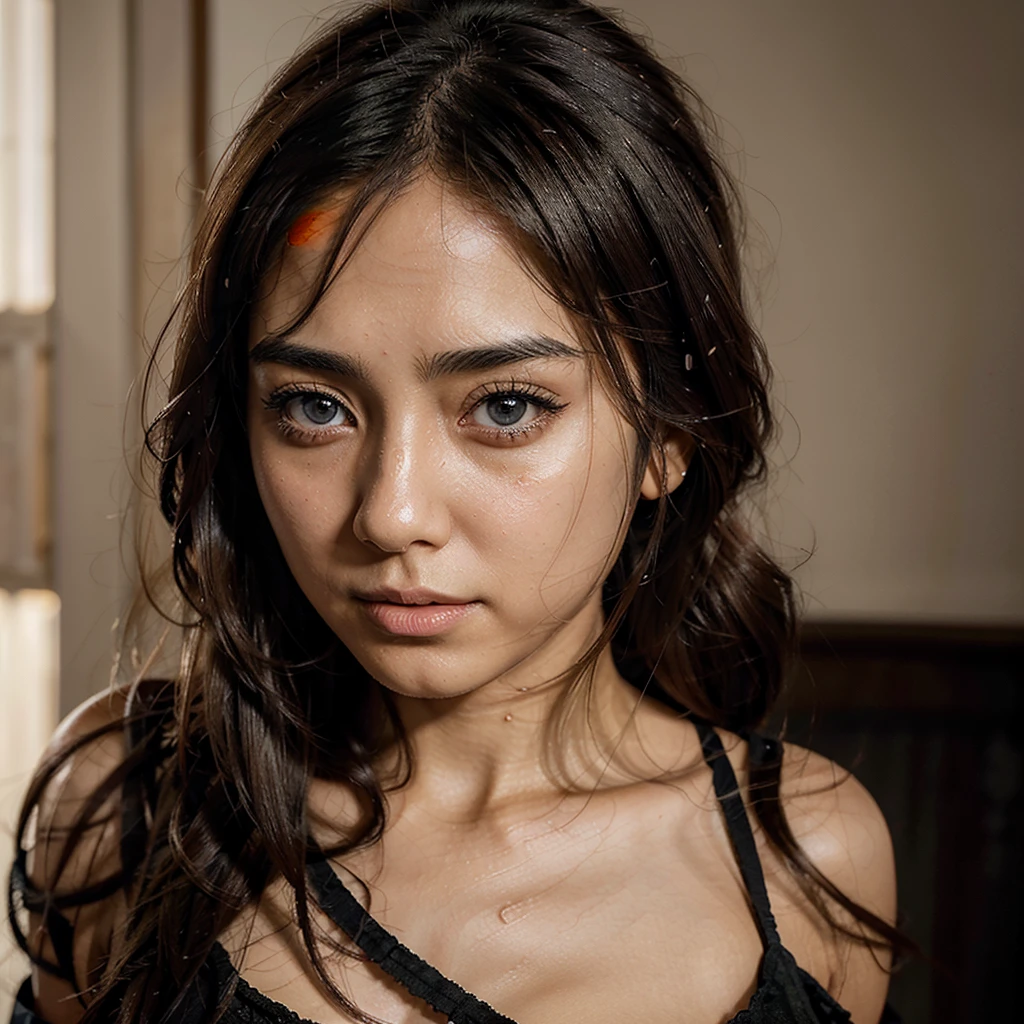 تصوير film بورتريه, 1girl, Bare shoulders, Soft shoulder-length hair, calm, calm, (Detailed anime eyes, Anime skin texture, Anime face details), Soft dramatic lighting, Depth of field, sad, Vibrant details, Meticulously detailed, Excessive realism, film 35 ملم, blur blur, film,