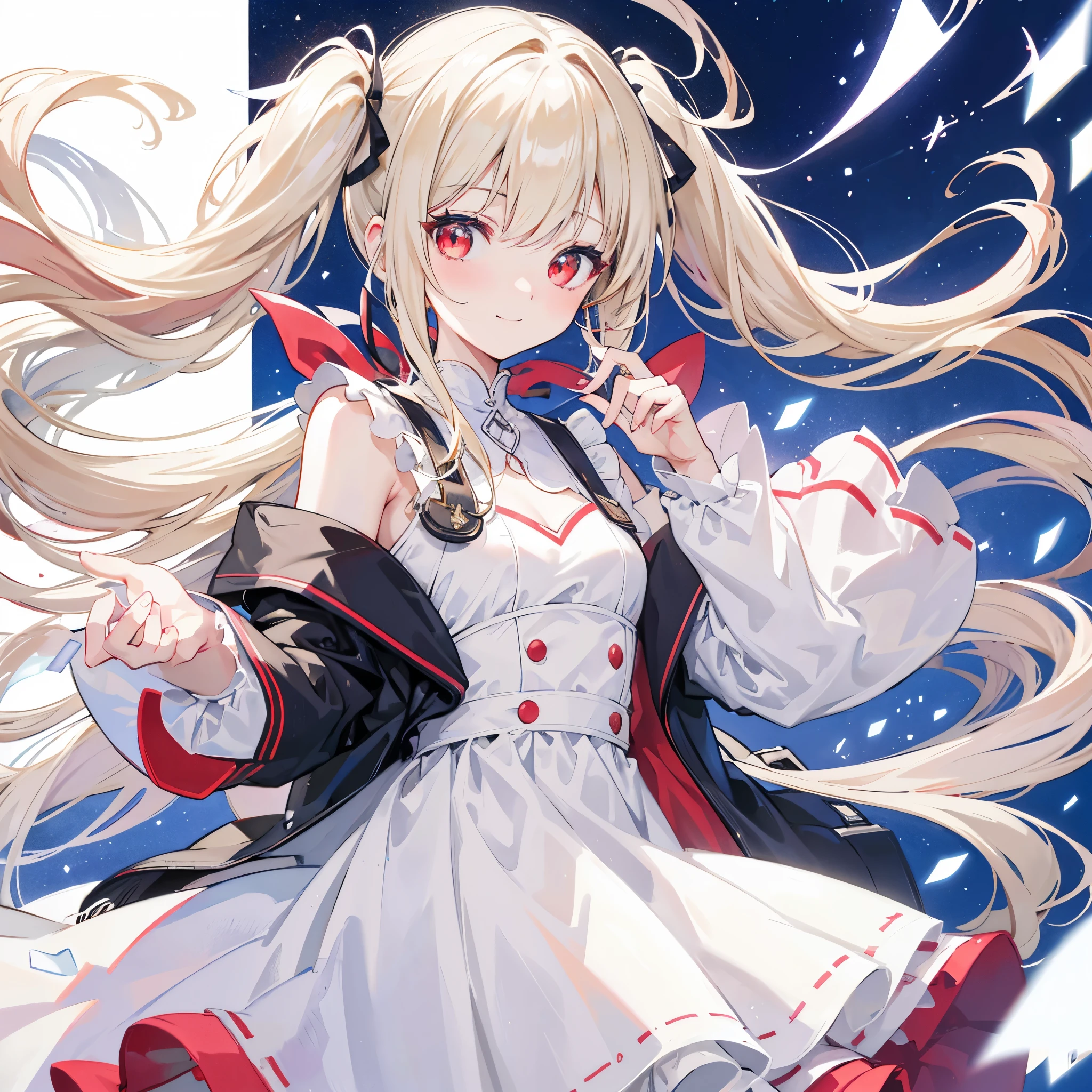 High resolution, One person, solo, Long Hair, Twin tails,Red eyes,Beige hair,
Highest quality, masterpiece, High-resolution model, Long Hair, Shiny Hair, Sparkling eyes, Lonely, smile, disposal、watercolor、Light color scheme、White dress、Simple Background, Close-up, Part of the picture goes outside the frame, Lots of white space, watercolor画,White flower