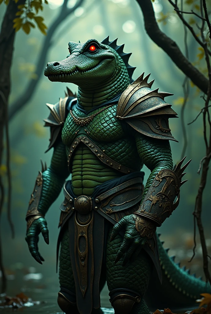 Drawing style humanoid crocodile red eyes and armor covering the entire body