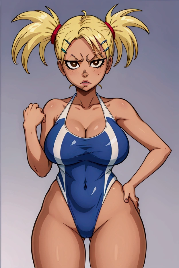 1girl, breasts, solo, blonde_hair, swimsuit, bad_face, brown_eyes, hairclip, one-piece_swimsuit, hair_ornament, navel, cleavage, highleg, lips, twintails, highleg_swimsuit, large_breasts, thighs, shiny, navel_cutout, pigtails, shiny_skin, bare_shoulders, huge_breasts, parted_lips, skindentation, clothing_cutout, gradient_background, gradient, collarbone, cowboy_shot, standing, blue_one-piece_swimsuit, thick_thighs