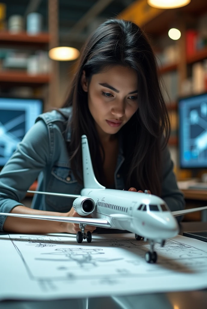 an image of a female mechanical engineer with black hair, a brunette woman whose face is not visible, looking at the plane because she is making a plan with her measurements of an axis and her calculations
