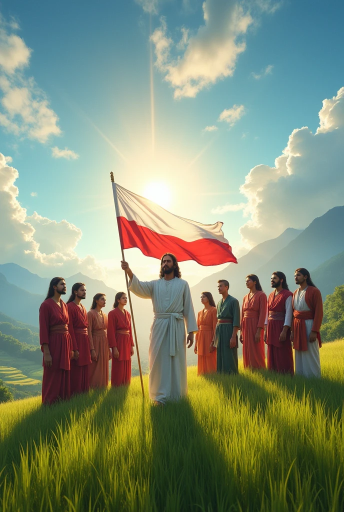 Jesus and his disciples gathered together holding the Indonesian flag