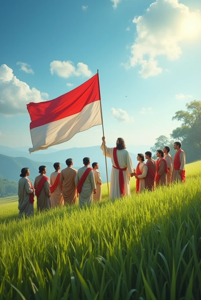 Jesus and his disciples gathered together holding the Indonesian flag