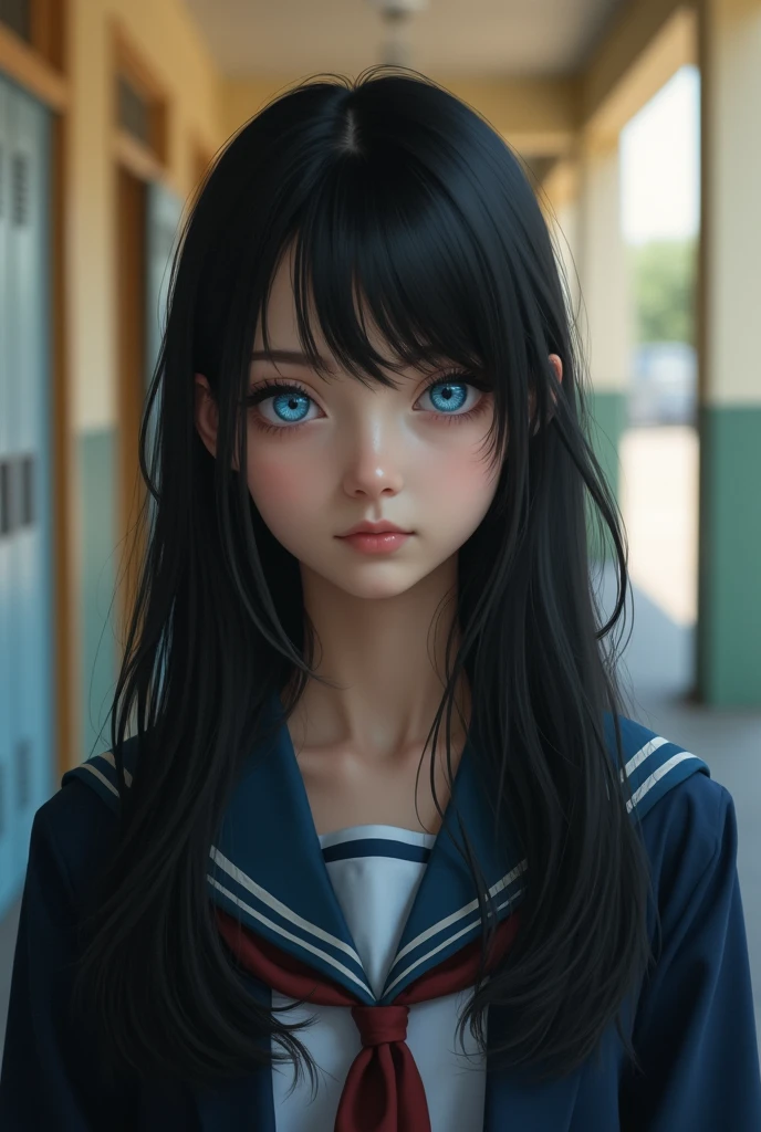 (masterpiece), best quality, expressive eyes, perfect face, 1girl, black hair, long hair, fair skin, light blue eyes, lifeless eyes, focused eyes, school uniform