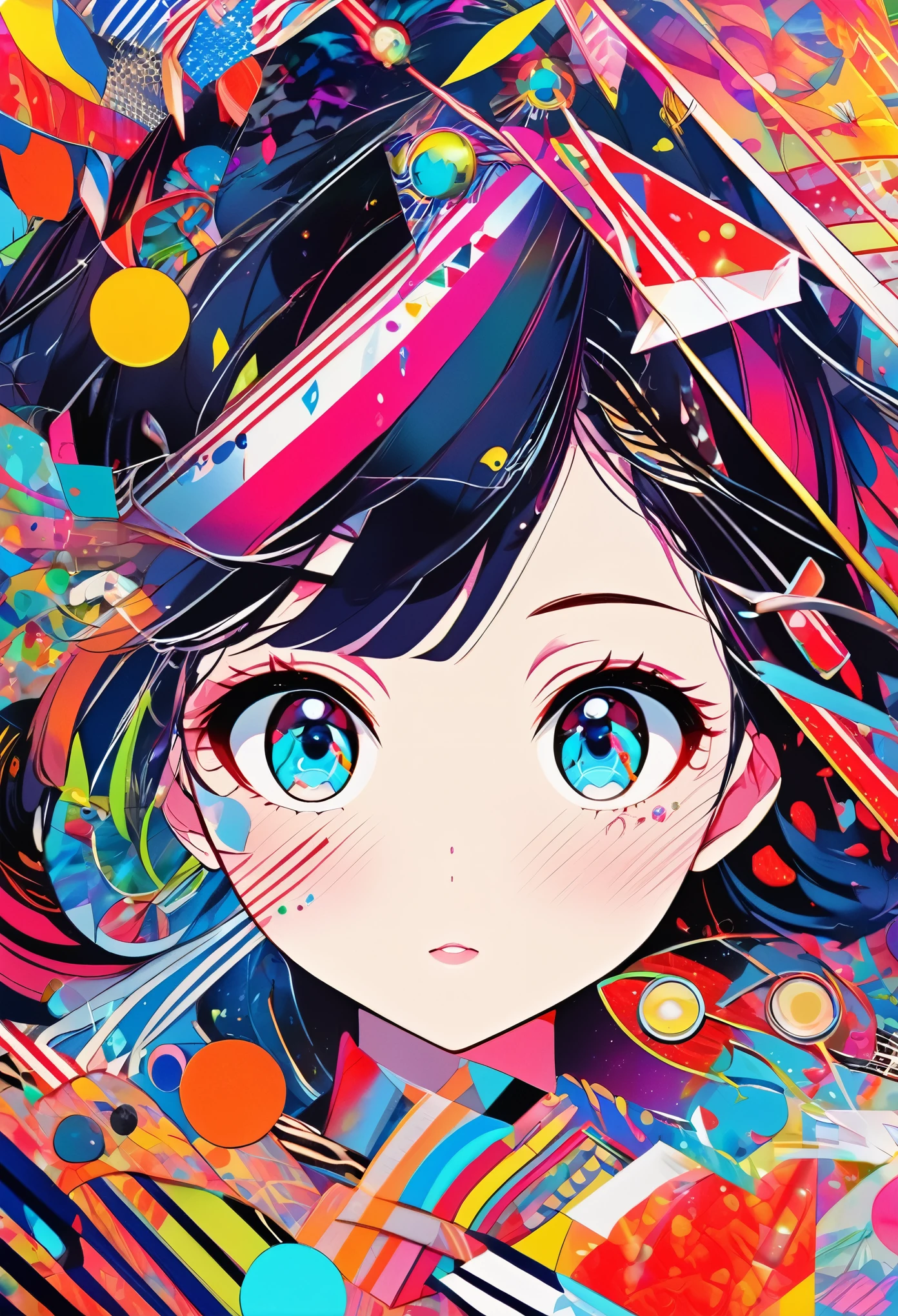 {worst quality, low-quality}, Anime artwork depicting a girl's face within a vivid and abstract collage of colors and patterns. The composition includes a variety of shapes, lines, and textures, all in bright and contrasting colors, creating a surreal and energetic atmosphere that draws the viewer in. --ar 3:4 --stylize 600 --niji 6, masutepiece,Best Quality,ultra-detailliert, masterpiece, masutepiece,Best Quality,ultra-detailliert, masterpiece,