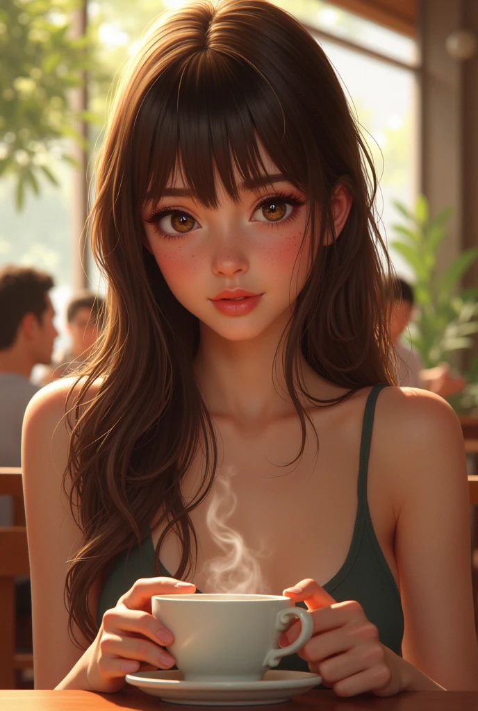 Create a ,brown hair with bangs, straight brown hair, brown eyes and close-set eyebrows
