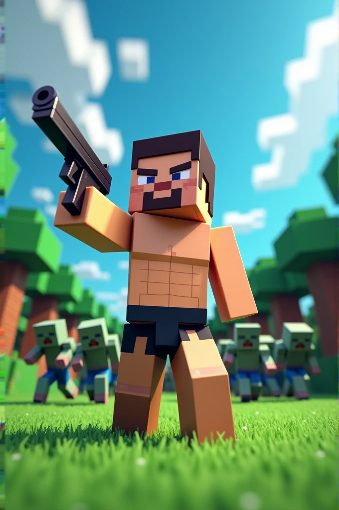 A muscular Minecraft villager without a shirt, wearing black swim trunks and holding a pistol aimed at zombies.