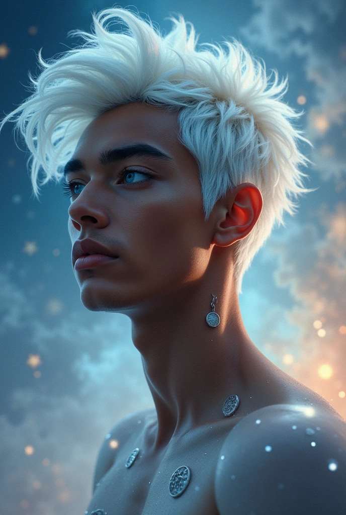 A young man with brown skin , white hair, blue colored eyes, black eyebrows , with spots on the back imitating the spots of the moon , estilo ghosthmix