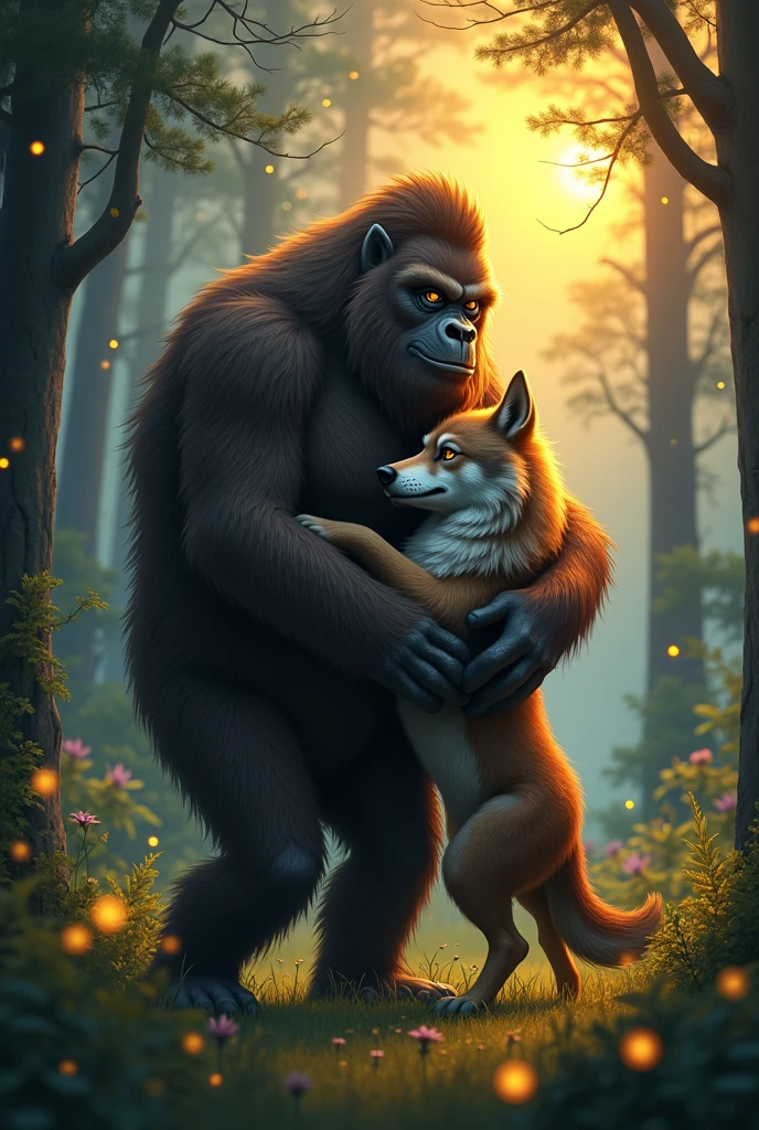 Bigfoot hugs a werewolf