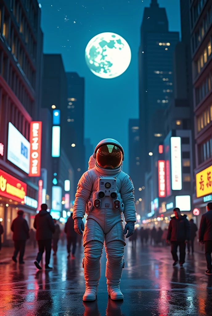 Astronaut on the street looking at the moon