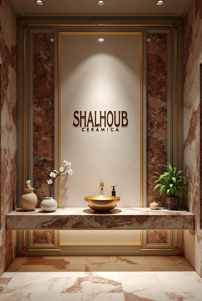 Write “SHALHOUB CERAMICA” on the wall and around it luxury tiles, Marble, granite and basins.
