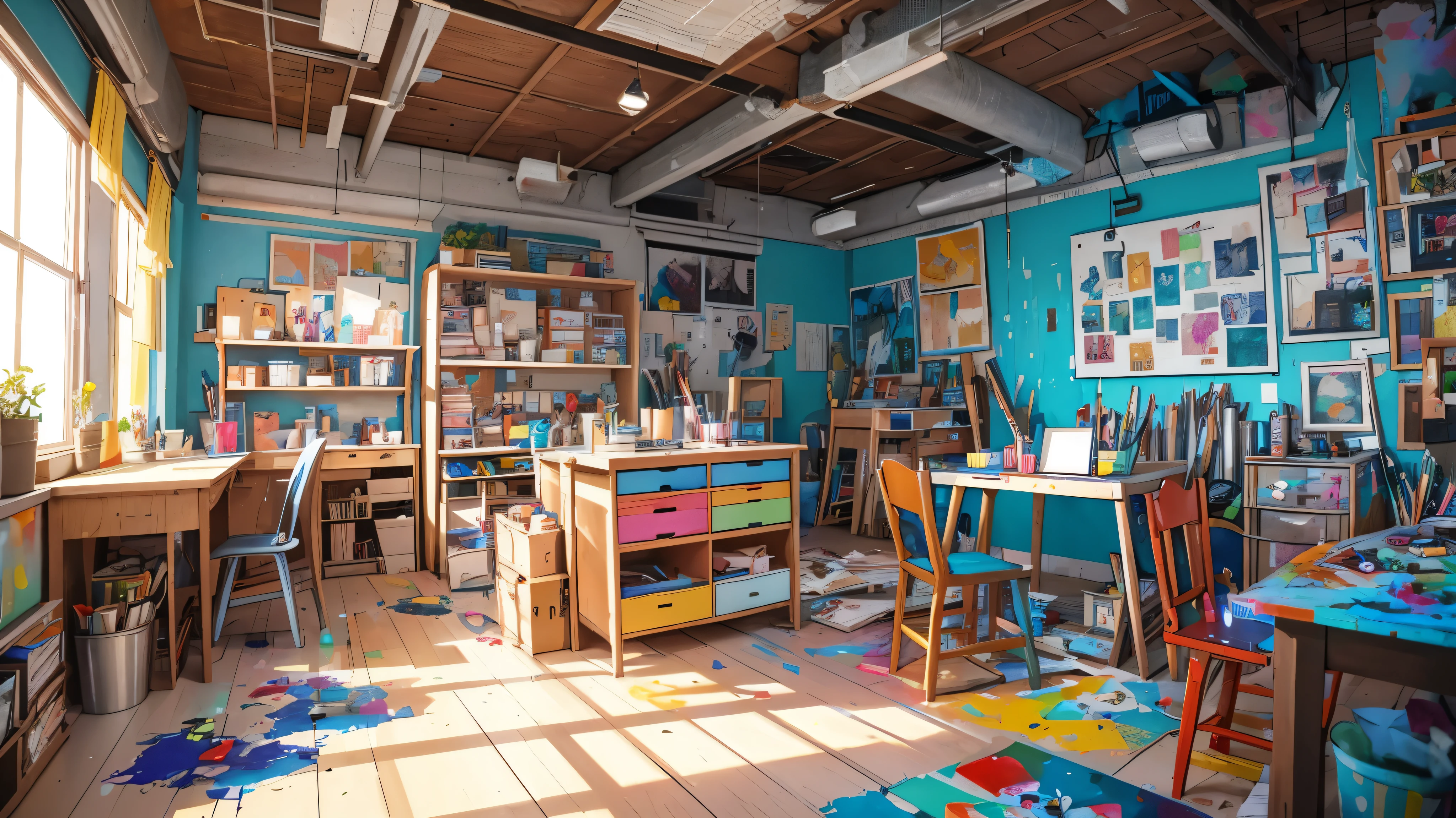 An art studio background showcasing a vibrant and creative space filled with colors and artistic tools. The scene includes easels with partially finished paintings, scattered brushes, and paint tubes. The walls are adorned with splashes of paint and sketches, adding to the creative chaos. Various art supplies are strewn across tables and shelves, creating an inviting and inspiring atmosphere for artistic expression