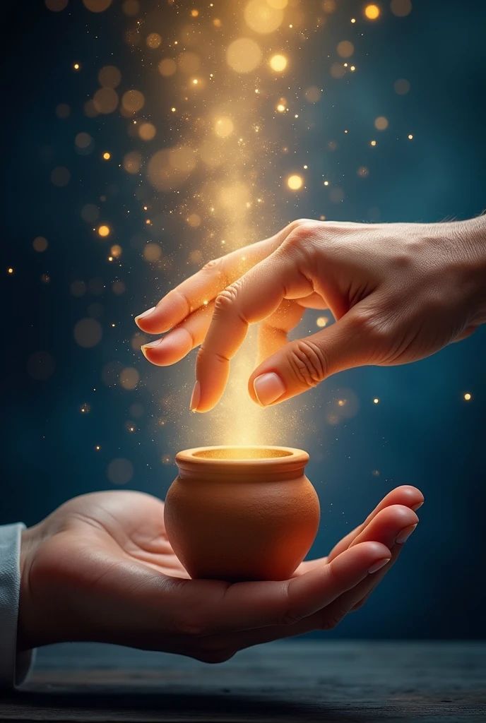 Generates a high resolution image at 9:16 depicting God's hands restoring a clay pot. With a soft golden glow emanating from the hands, with a deep blue background with twinkling light.