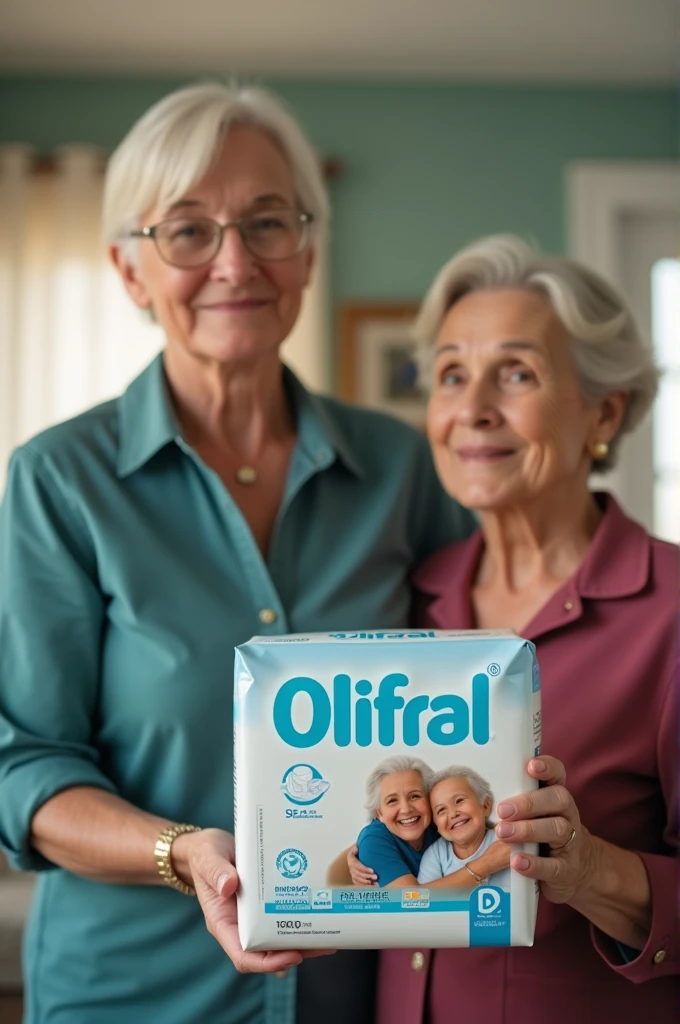 Create a commercial video of a woman caring for an elderly person and holding a box of adult diapers with the Olifral brand and a couple of elderly people on the cover. 