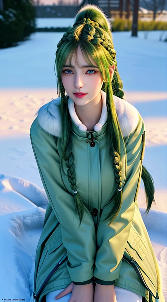 (hyperrealistic photo nude body), (illustration), (high resolution), (8K), (extremely detailed), (best illustration), (beautiful detailed eyes), (best quality), (ultra-detailed), (masterpiece), (wallpaper), (photorealistic:1.4), (natural light), (rim lighting), (detailed face), high detailed realistic skin texture, anatomically correct, solo, 1 girl, (high detailed realistic long hair:1.5), (green hair:1.4), (ponytail contorted:1.35), (two braided hair:1.4), heterochromic eyes, (detailed blue eyes), small moles under the eyes, (realistic huge breasts:1.5), long legs, tight abs, dynamic pose, (closed mouth:1.37), (long white winter Parka with fur only at the collar:1.4), (upon body from head to thighs:1.4), (Beautiful Cute Pakistani Woman:1.55), standing, outdoor, snowing, winter,