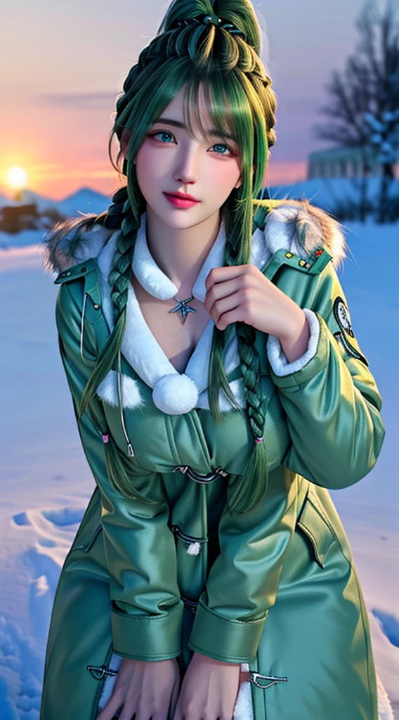 (hyperrealistic photo nude body), (illustration), (high resolution), (8K), (extremely detailed), (best illustration), (beautiful detailed eyes), (best quality), (ultra-detailed), (masterpiece), (wallpaper), (photorealistic:1.4), (natural light), (rim lighting), (detailed face), high detailed realistic skin texture, anatomically correct, solo, 1 girl, (high detailed realistic long hair:1.5), (green hair:1.4), (ponytail contorted:1.35), (two braided hair:1.4), heterochromic eyes, (detailed blue eyes), small moles under the eyes, (realistic huge breasts:1.5), long legs, tight abs, dynamic pose, (closed mouth:1.37), (long white winter Parka with fur only at the collar:1.4), (upon body from head to thighs:1.4), (Beautiful Cute Pakistani Woman:1.55), standing, outdoor, snowing, winter,