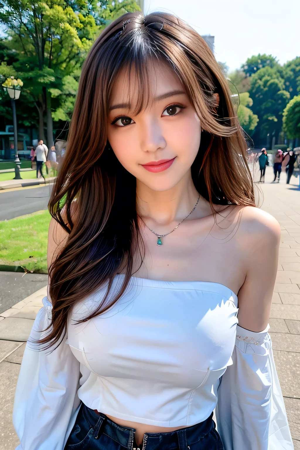 seed;2372725988,((Full Body Angle))、((Front hair:1.3))、((Highest quality, 8k, masterpiece: 1.3)), concentrated: 1.2, Cute 1,Nipples erect、 Perfect beauty: 1.4,Summer off-the-shoulder cropped T-shirt、Letter Print、Shorts: 1.2,Long sleeve、Randall Color、comics＆Text Graphics、Black ruffle-trimmed drawstring zip blouse,1.1, Highly detailed face and skin textures, Fine grain, double eyelid, whitening skin, ,Highest quality,Ultra-high resolution,you,1 person,alone,_Shiny_skin,Iris,necklace,((brown_length_Wavy_hair)),(lips)),eyelash,Front hair,deal with,compensate,Shiny,pore,skin,Large Breasts、((smiling face))、Walking in the park、Selfie、