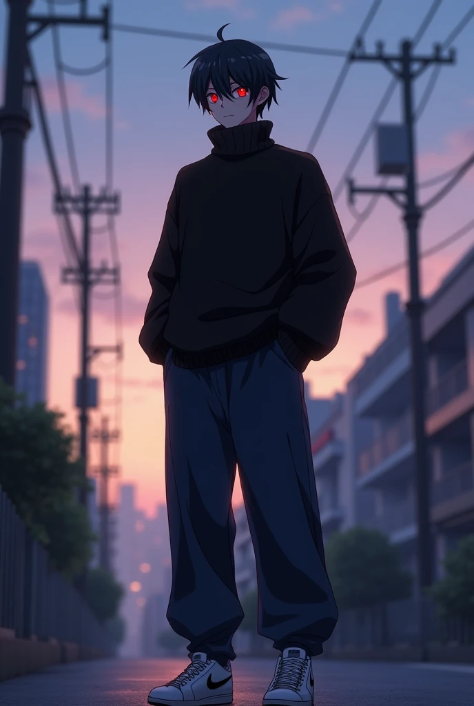 1guy, anime, male, dark red eyes, handsome guy, with black sweater and long dark-blue pants, Nike sneakers, standing, emotionless, fair skin tone