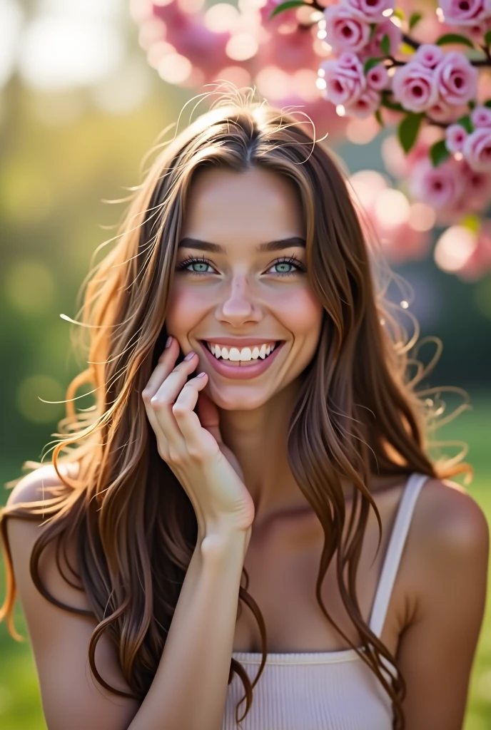 Jeune femme brune de 20 ans, yeus bleu, une grosse forme de poitrine en photo portrais qui ce tient le visage et souris 