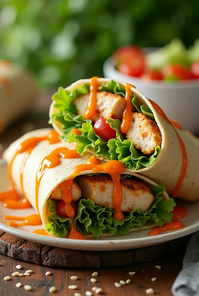 Une photo wrap roulé au poulet roti, salade et sauce sriracha orange