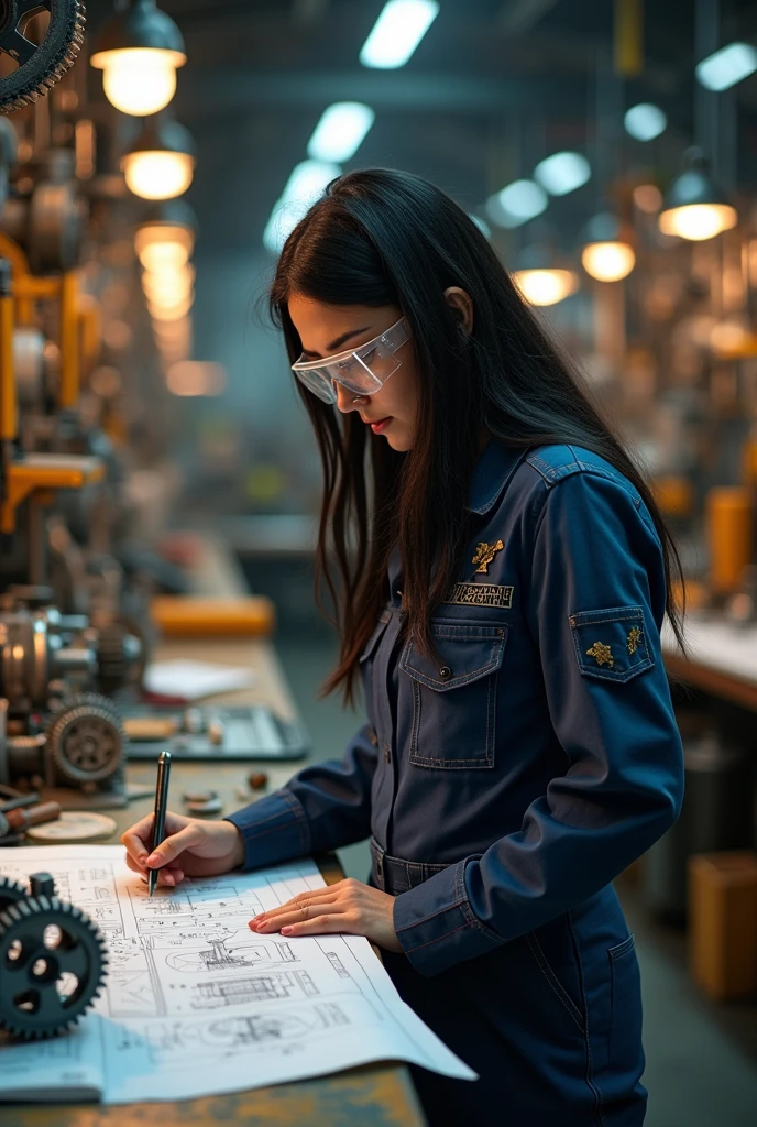an image of a female mechanical engineer with black hair, brunette who doesn't show her face looking doing calculations
