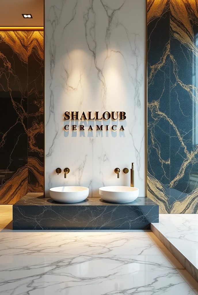 Write “SHALHOUB CERAMICA” on the wall and around it luxury tiles, Marble, granite and basins.