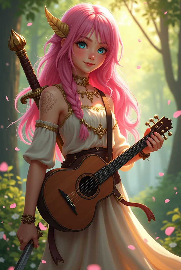 A very young and cheerful girl, She is an RPG character, her hair is pink and she has marks scattered across her body like mystical tattoos because she is the daughter of a fairy, She has elegant clothes for a musician because she is a bard, She has a mandolin and two beautiful scimitars, The marks she has are golden, She has human features but her hair is quite pink and her ears are slightly large on her arms and neck she has several golden mystical symbols