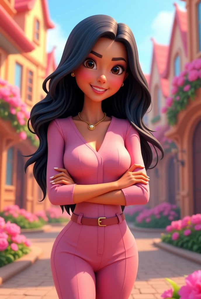 I'm posting a 3D image of a 38-year-old woman with long black hair, chubby, who works as a councilwoman, Disney style, chubby, brown eyes, and crossed arms, wearing pink clothes. 
