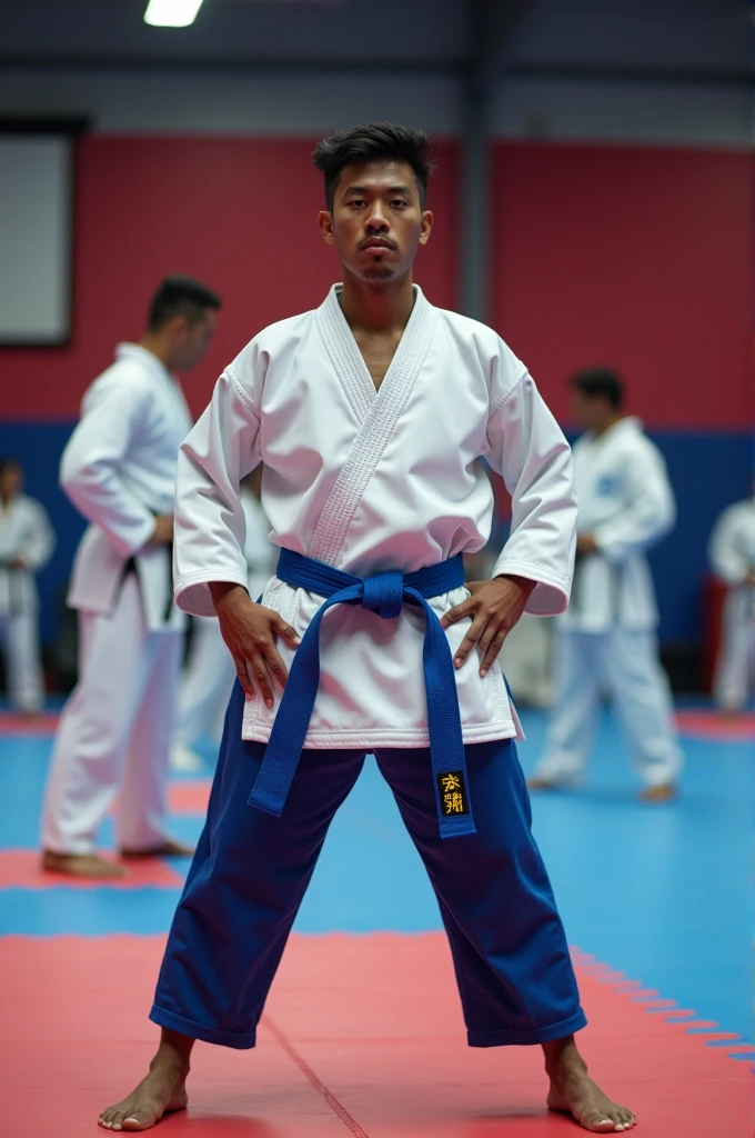 Create a photo for me that inspires taekwondo and I am a man and my jacket is white from Ponce and my belt is blue and my pants are dark blue and the background is a taekwondo floor with friends behind