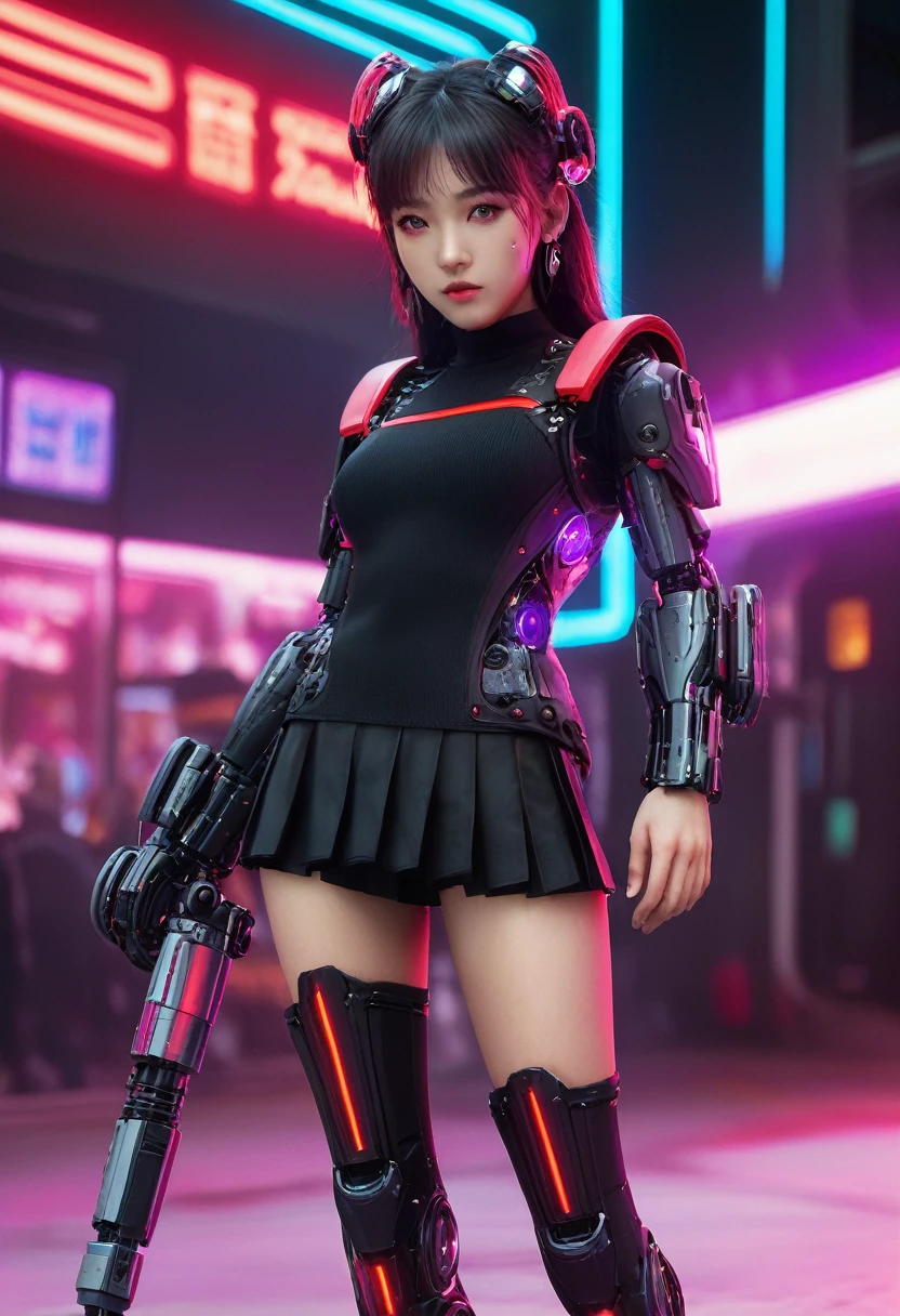 xxmixgirl. Highly detailed professional 35mm film, bokeh, face in sharp focus. A robotic female, Miku, with ((metal skin)), ((perfect Asian eyes)) with magenta irises and ((black pupils)), beautiful serious (detailed face), 18 year old ((photorealistic face)), very long magenta twin tails of magenta hair, twin black hair ties with a single red stripe. She may have a black audio headpiece. We can see her ((full body)) down to her boot soles. Her outfit is a sleeveless collared light grey shirt, outlined in red around the frilled collar and hems. Shiny reflective ((metallic breast cups, dimpleless)), invisible nipples. She wears black sleeves with red hems that start around her upper arm and bellow out as the sleeves open and extend to her wrists, with wide trumpet red rimmed cuffs. She has perfect robotic (detailed hands). She wears a red colored tie with two horizontal solid parallel black lines halfway across. She wears a fabric black skirt with a horizontal red hem at the bottom all the way around; her (((black skirt wraps around her))) and ((her skirt completely covers)) her robotic waist and thighs. Tall black boots with red bottom soles, a red rim around the top at her thighs. Her mechanical shoulder joints are visible. We can see her robotic legs and robotic neck. Half of her is covered with shiny polished machinery. The background is a distant dark neon futuristic Japanese city, gold, cyan, violet neon, near harbor or mountains.