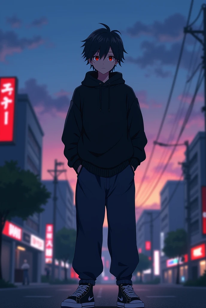 1guy, anime, male, dark red eyes, handsome guy, with black sweater and long dark-blue pants, Nike sneakers, standing, emotionless, fair skin tone