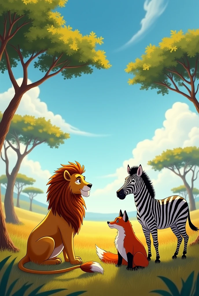 Alion and zebra and fox talking about