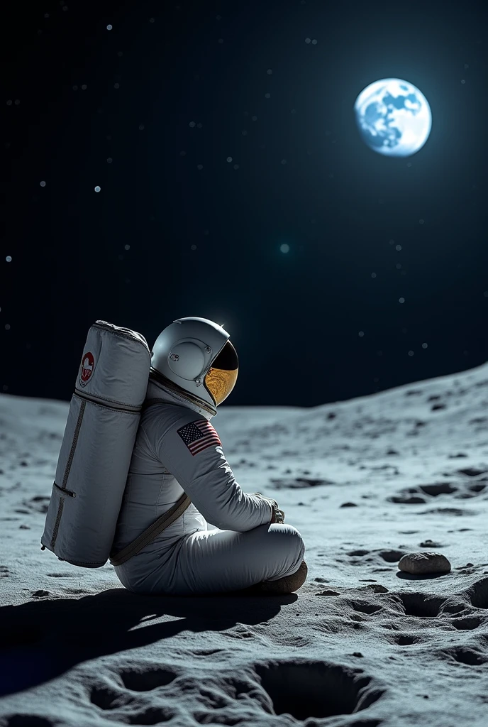 Astronaut sitting, looking at the moon