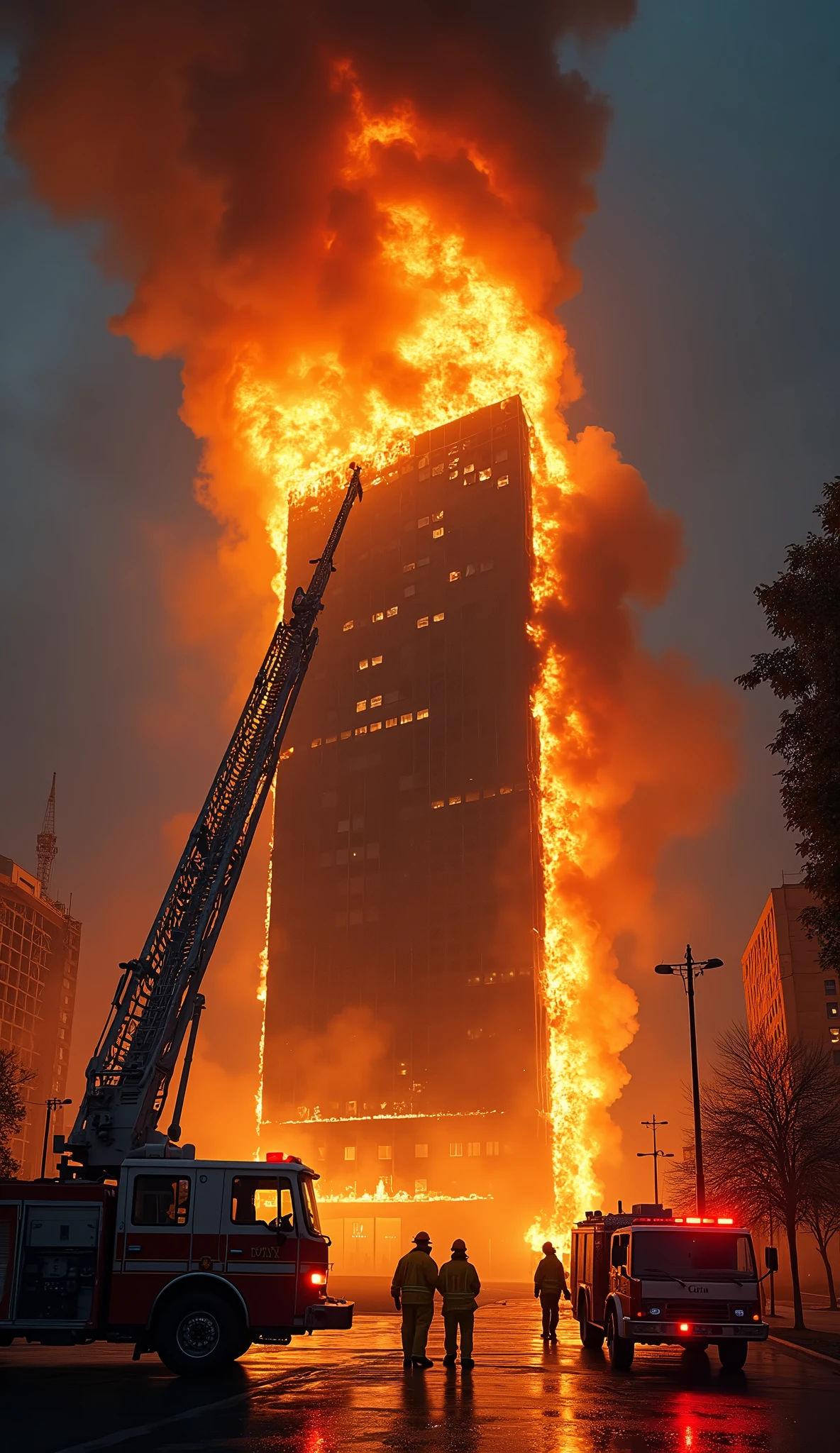 Create a landscape of firefighters responding to a fire occurrence in a giant building of large proportions