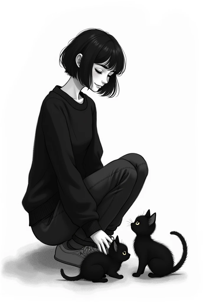 black and white drawing of a tall woman, dressed in a black sweater, short black hair channel with bangs, looking tenderly, smiling at two black kittens who are looking at her.