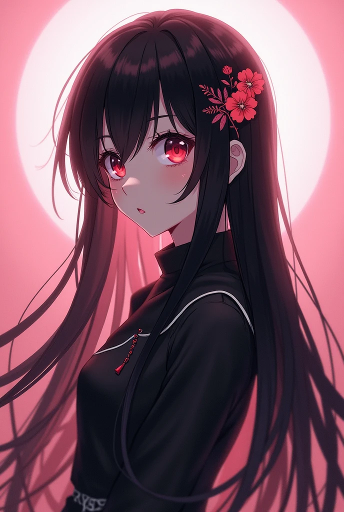 anime girl long black hair red eyes emo pfp pink background