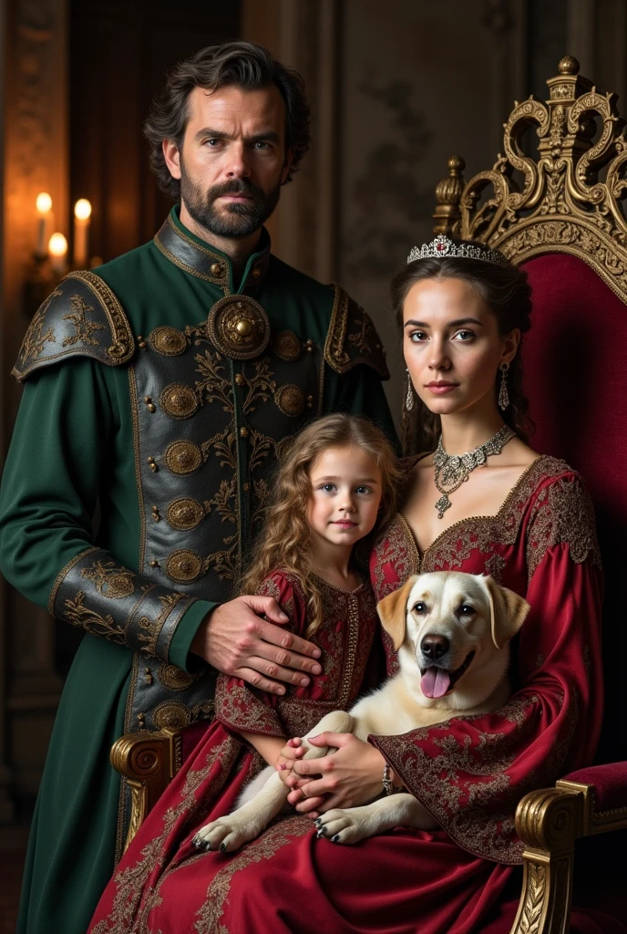 A family portrait as if it were something old, There will be 4 people in the portrait, the father who will be standing holding the shoulder of his wife who is sitting on a throne with a dog in her lap, Their two daughters, The youngest will be resting on the armrest of the throne and the older sister who will be standing next to the father, They are dressed in costumes from the Game of Thrones saga 