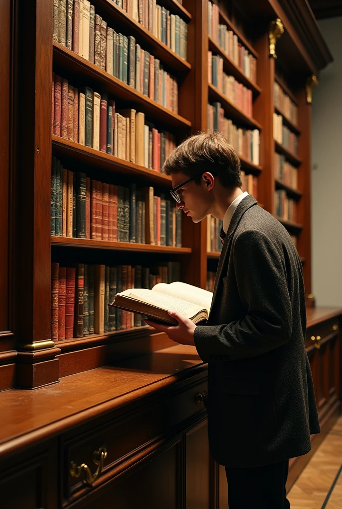 Photo of a bookcase in a museum with a person inside