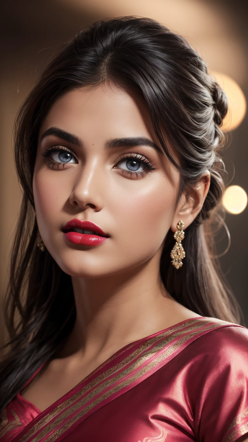 naked,big , night bokeh effect background, perfect pink eyes, fantastic face, Indian, beautiful look, ((red lips, bright eyes, curve heir 1.5)), ((beautiful details body)), A glorious gorgeous, glorious gorgeous face, pretty face, bright eyes, detailed elegant printed shirt, updo elegant hair, blurred gray tones background, ultra focus, face ilumined, face detailed, 8k resolution, painted, dry brush, brush strokes,