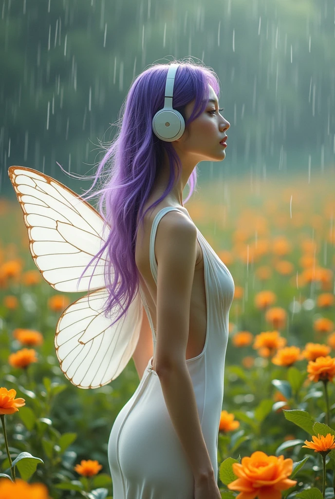 Korean purple hair butterfly woman with headset in a field with an orange tree and white dress falling rain transparent outfit perfect body transparent dress showing buttocks and butterfly wings rainy day shiny and transparent outfit day. Rainy